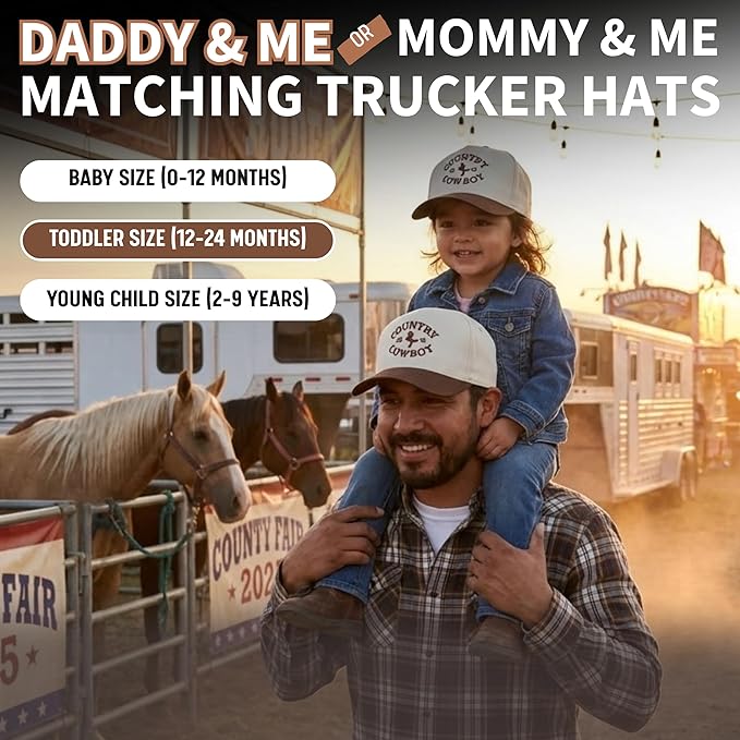 Funky Junque Matching Family Trucker Hat Set - Vintage Two-Tone Daddy & Me, Mommy & Me Snapback Baseball Caps - Country Cowboy - Brown/Beige - Adult/Infant (0-12 Months)