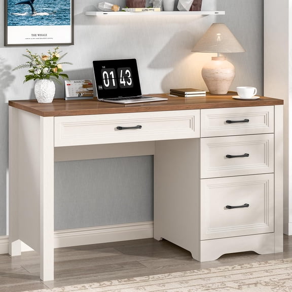 Brown White Vabches Farmhouse Executive Desk with Storage and Ample File