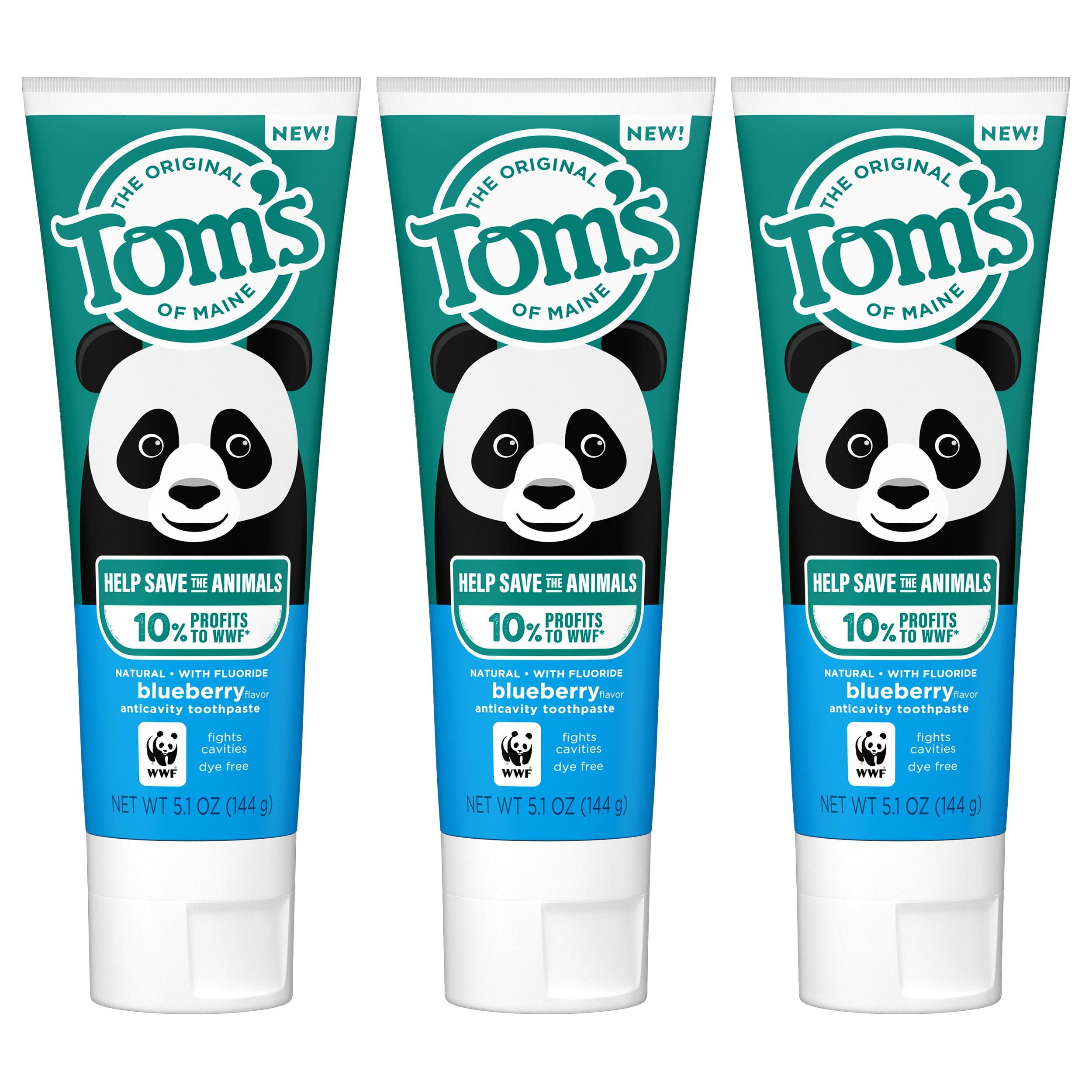 Tom's of Maine Children's Natural Anticavity Fluoride Toothpaste, Save the Animals, Blueberry, 5.1 Oz, 3 Pack