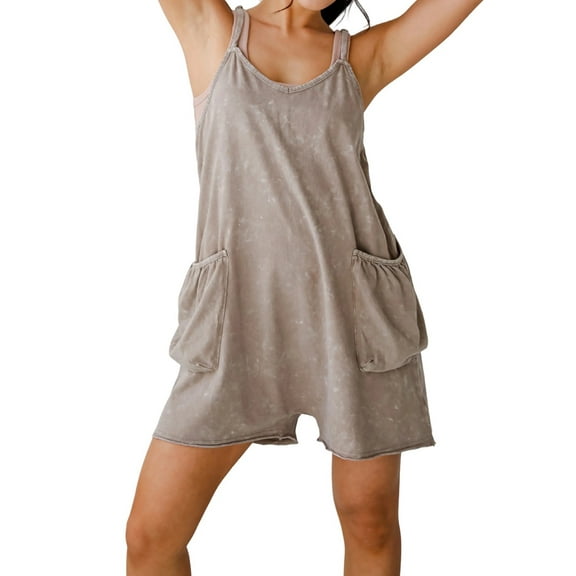 Womens Summer Casual Sleeveless Rompers Loose Spaghetti Strap Shorts Overalls Outfits Jumpsuits with Pockets Khaki XL