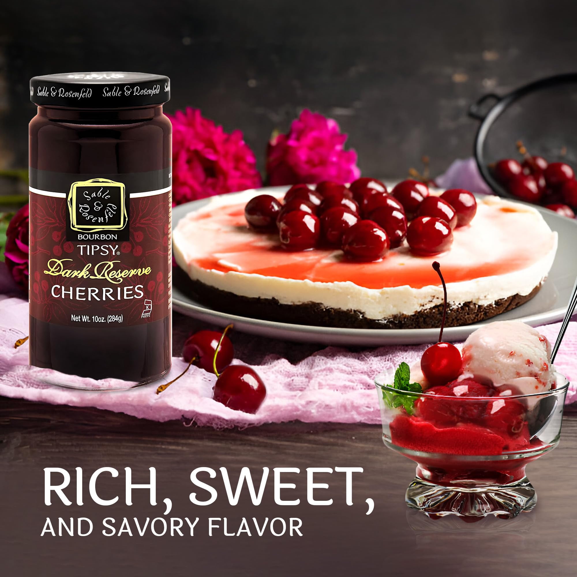 Bourbon Tipsy Dark Cherries Cocktail Garnish - Bourbon Cherries in Spiked Syrup, Cocktail Cherries for Old Fashioned, Dessert, Cheese Tray - Kosher Parve - Sable & Rosenfeld - 10 Oz (Pack 6)