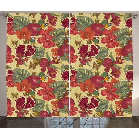 Red Decor Curtains 2 Panels Set Natural Tropical Exotic Birds