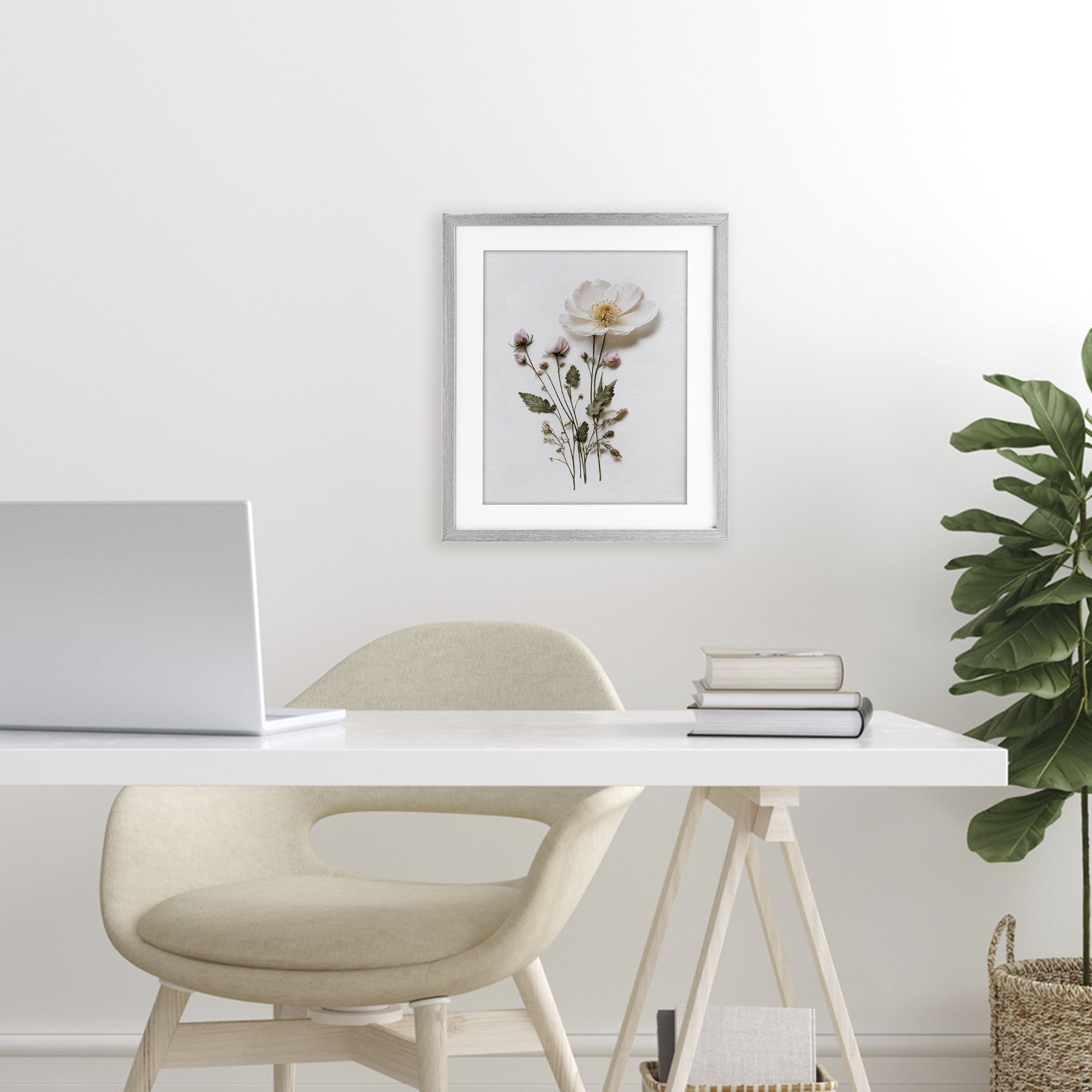Simple Pressed Flowers Gray Framed Print Under Glass, design by Lettered and Lined