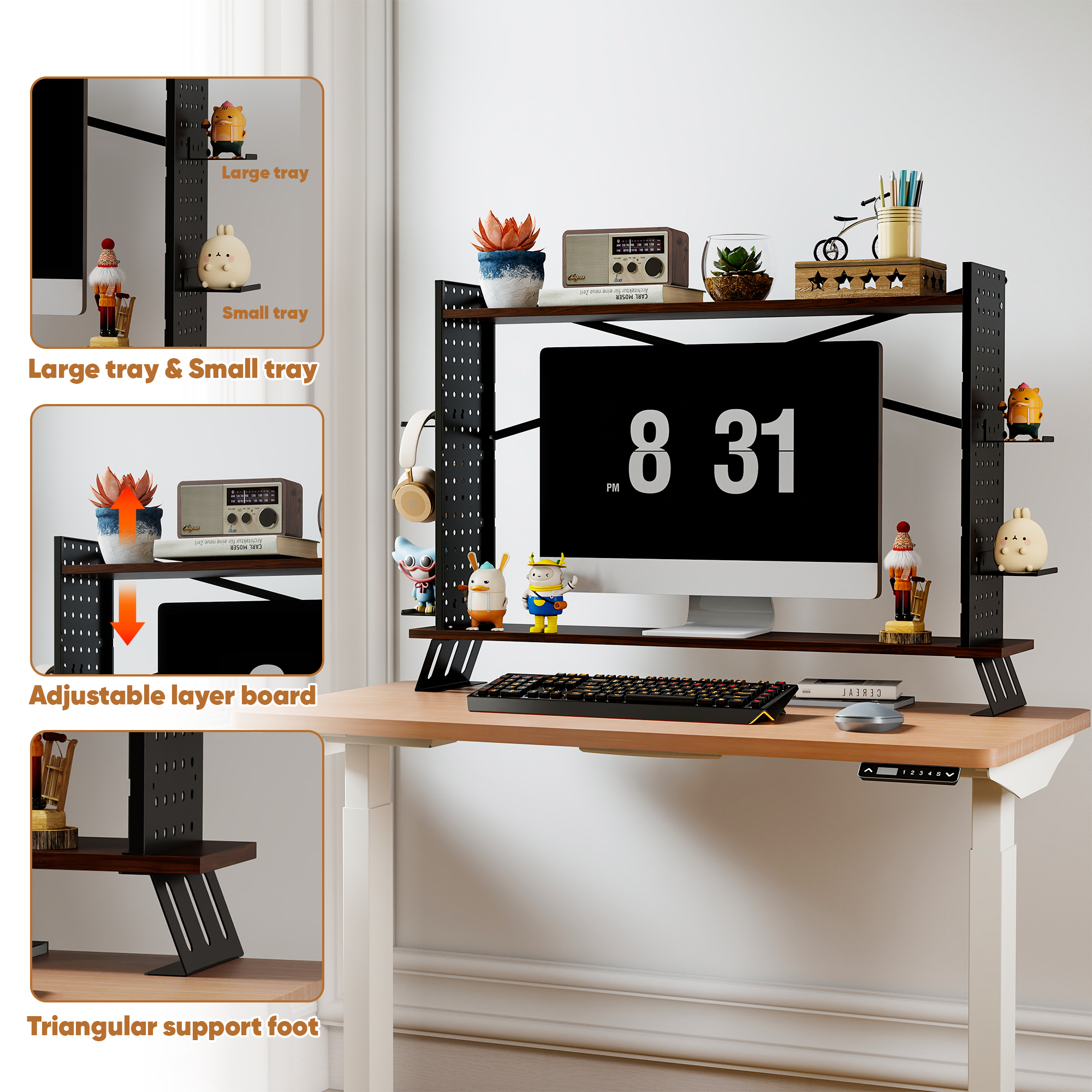 Gomok 2-Tier Desktop Bookshelf, Adjustable Desk Shelf Bookcase Storage Rack with Tray & Grid Panel, Black