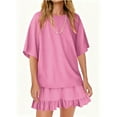thumbnail image 4 of Kilaqueen Two Piece Sets for Women Crew Neck Short Sleeve Tops and Flowy Pleated Skirts Solid Color Beach Vacation Outfits Set, 4 of 5