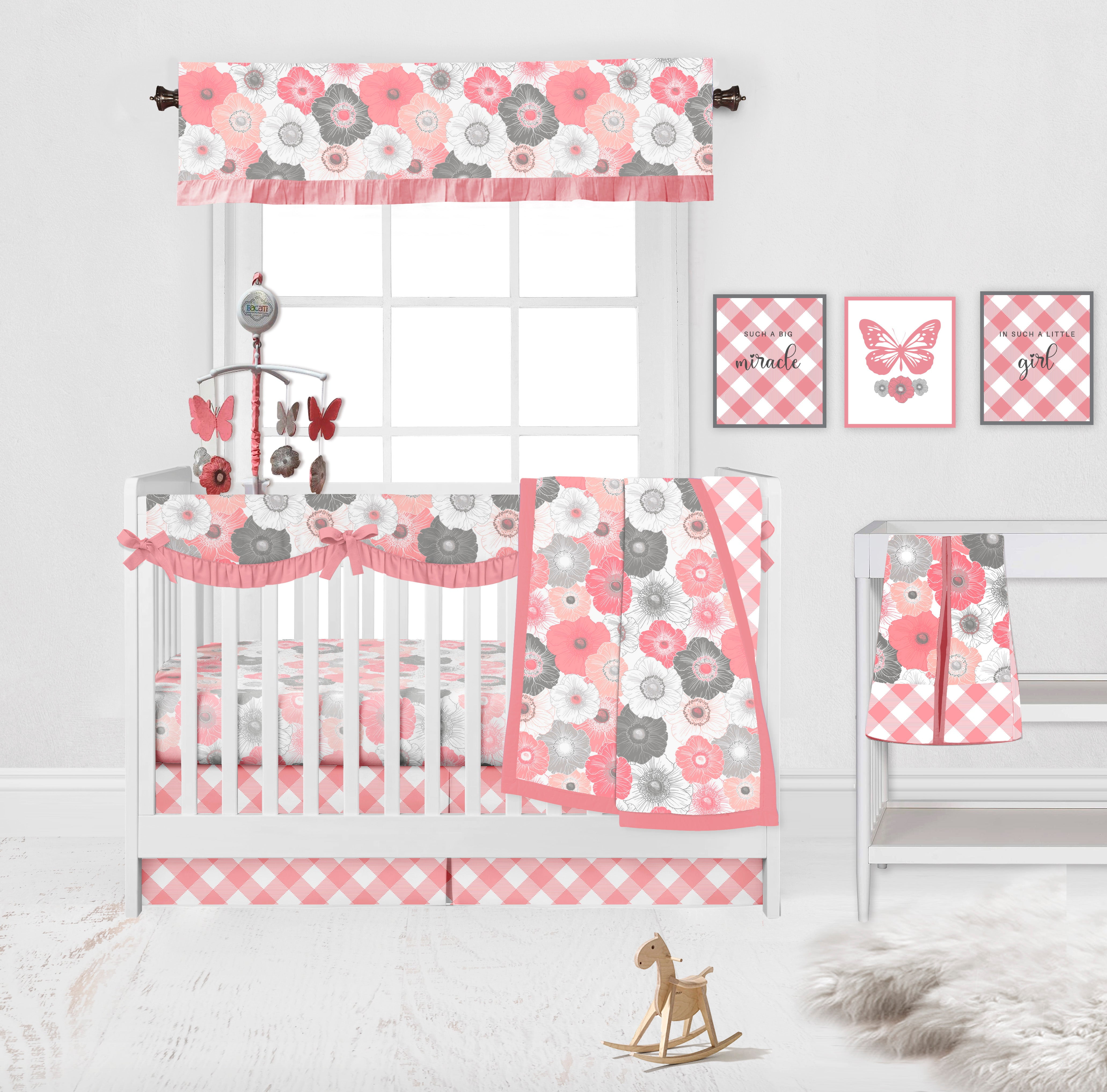 Bacati - Watercolor Flowers Coral Gray Musical Baby Crib Mobile