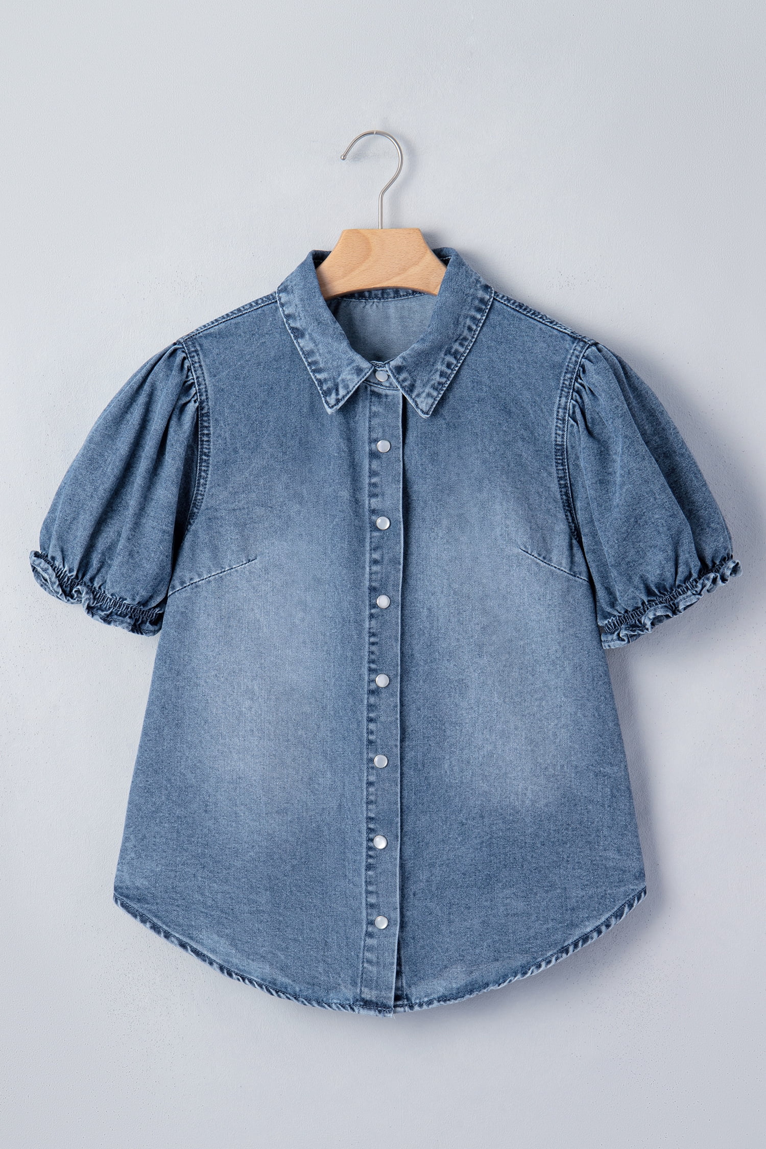 Women's Western Frilled Short Sleeve Denim Shirt – Beau Blue Snap Button Collar Blouse, XL