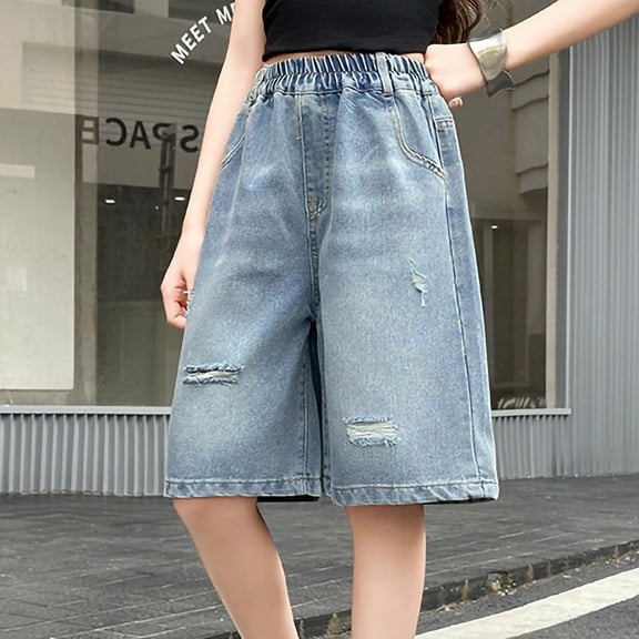 FRSASU Girl's Denim Shorts Baggy Casual Wide Leg Mid Jean Jorts Elastic Waist Hip Hop Shorts with Pockets Streetwear