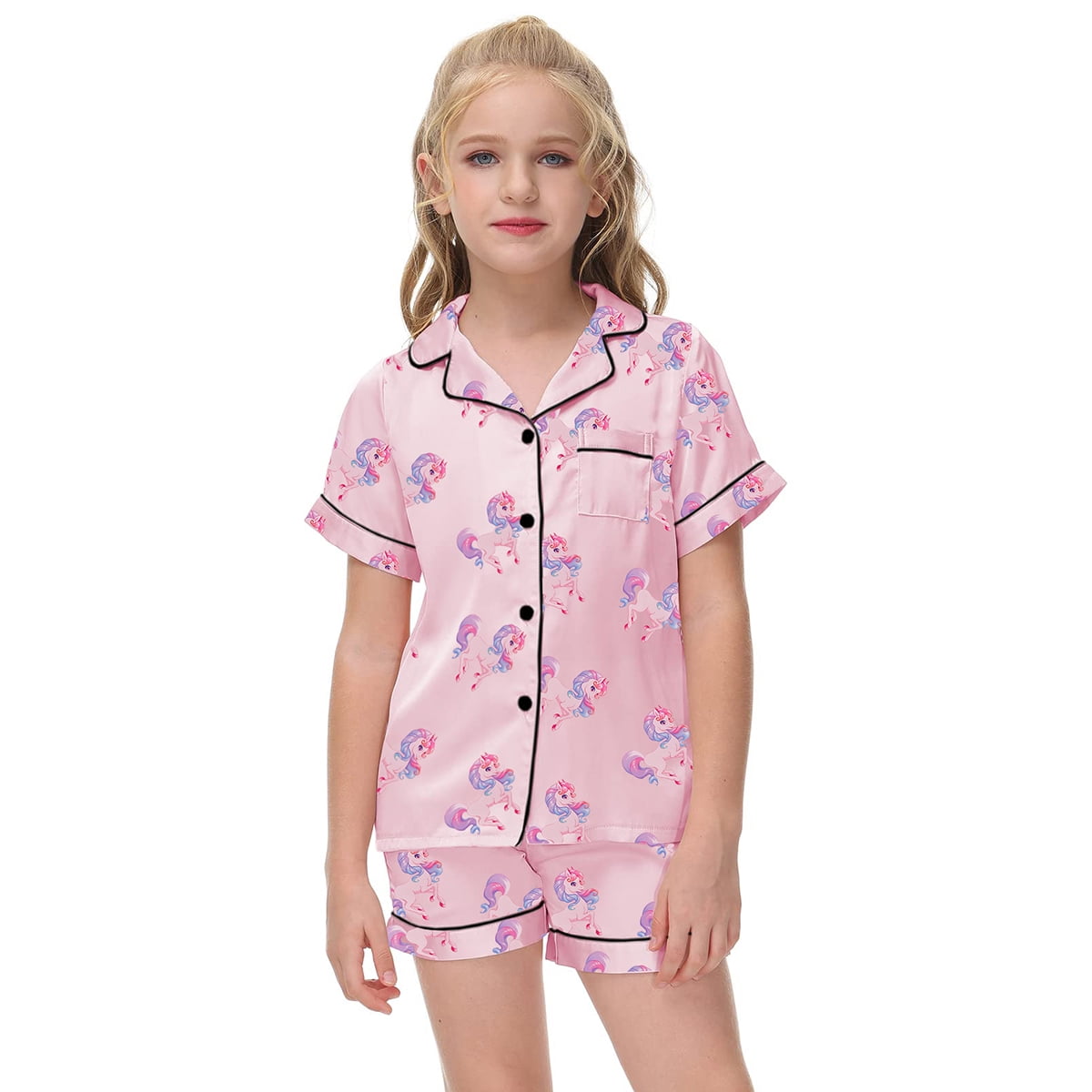 Girls Lapel Button Down Short Sleeve Pajama 2 Piece Set Top and Shorts Kids Sleep Loungewear Outfit