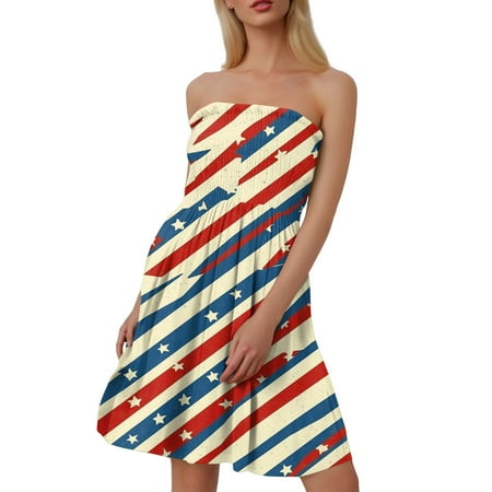 CHCNHAC 4th Of July Summer Dresses for Women 2025 American Flag Print Dresses Patriotic Cute Flowy Swing Strapless Cocktail Gowns Deep Red M