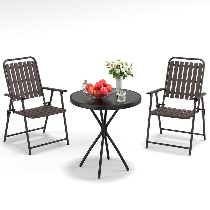 Howcool 3-Piece Outdoor Patio Chat Set, 2 Foldable Metal Chair & 1 Tempered Glass Side Table Bistro Set
