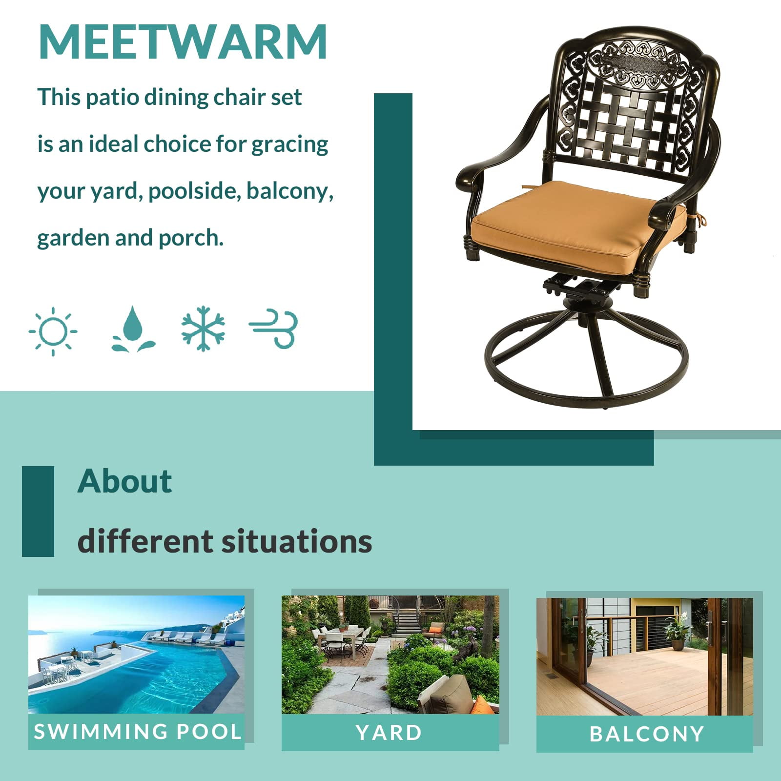 MEETWARM 2 Piece Patio Dinning Swivel Chairs Rocker, Outdoor All-Weather Cast Aluminum Chairs with Cushions, Patio Bistro Dining Chair Set for Garden Deck Backyard, Dark Bronze