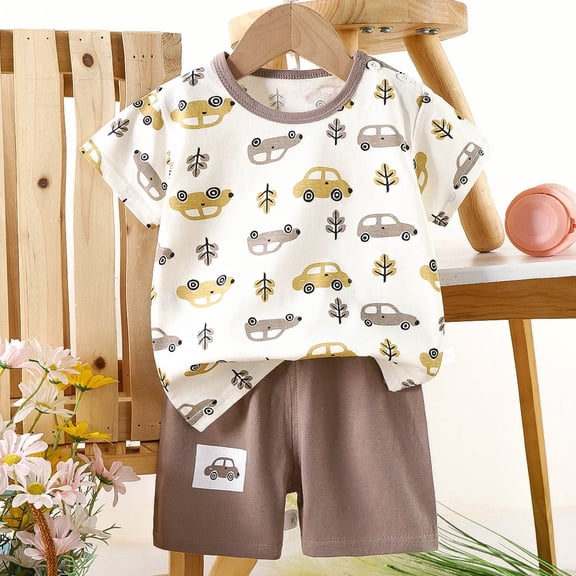 Pretxorve Kids Girls Boys Outfit Set Summer Vehicle Print Short Sleeve Top with Shorts 2 Piece Outfits 6M-9Y