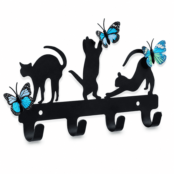 Black Cat Wall Hooks for Keys, Coats & Bags – Decorative Metal Wall Mounted Organizer with 4 Hooks
