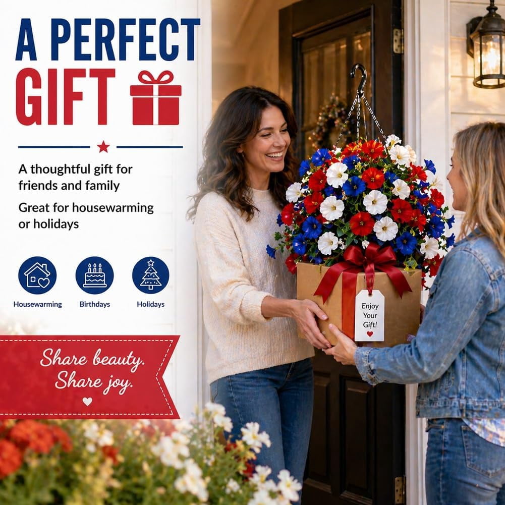 29.53'' Artificial Hanging Baskets with Red White and Blue Flowers, Artificial Flowers, Flower Basket, Hanging Plant for Home Porch Patio Garden Balcony Yard Decor(2pcs)