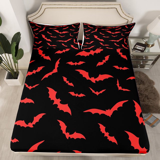 YST Ensemble de Literie Chauve-Souris Drap-Housse Halloween avec 2 Taies d'Oreiller Animaux Chauve-Souris Rouges Draps Taille Complète pour Enfants Garçons Chambre Vacances Style Gothique Effrayant