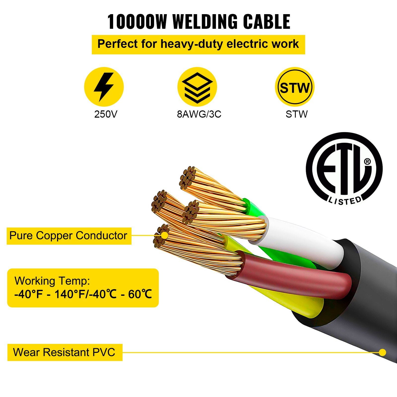 HCY Welder Extension Cord 40Amp 50ft 250V, Welding Power Cord with NEMA 6-50 Plug 8 Gauge 3 Prong for MIG,Lincoln,Plasma,Miller,TIG