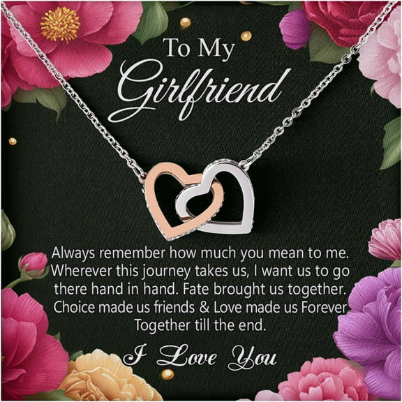 To My Girlfriend Necklace Gift – Interlocking Hearts Pendant with Heartfelt Message Card, Romantic Jewelry for Her, Valentine’s Day, Birthday, Anniversary or Just Because Gift Idea