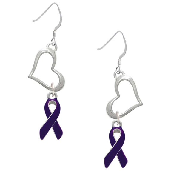 Delight Jewelry Silvertone Purple Ribbon Open Heart French Earrings