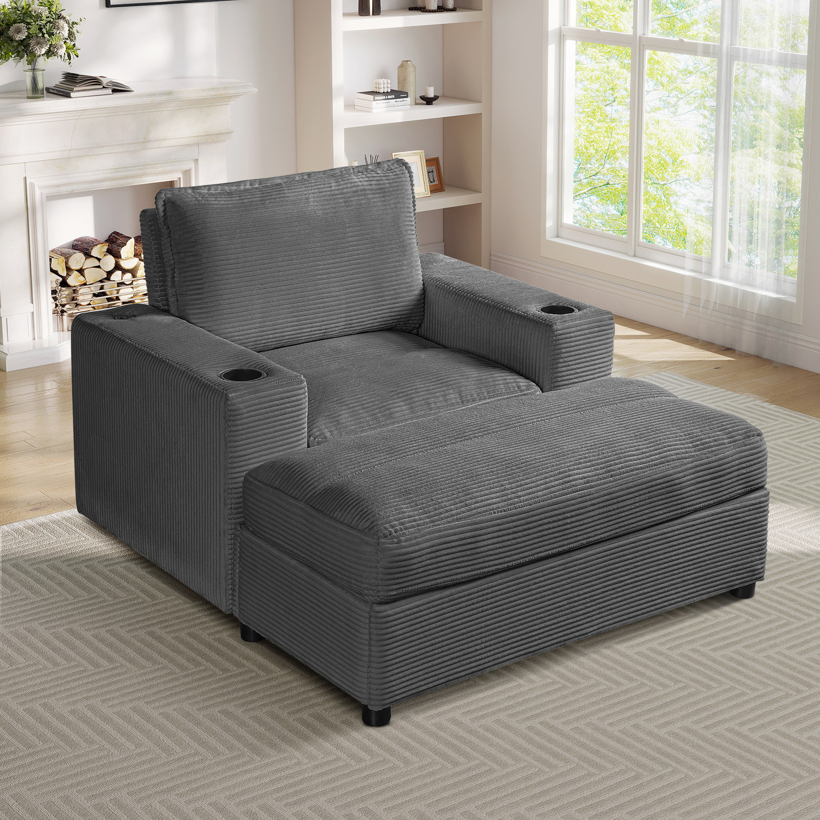 Lunale 42.8" Accent Chair with Ottoman, Indoor Chaise Lounge Chair with USB & Storage, Plush Reading Sofa Armchair for Living Room, Bedroom, Apt, Gray Corduroy
