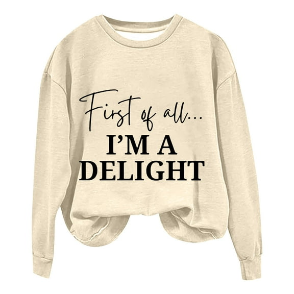 VISALY Pullover Crewneck Sweatshirt Graphic Sweatshirts Sweatshirt for Women Funny Letter Shirts Long Sleeve Pullover Fleece Sweaters Casual Sweaters Women's Pullovers Solid Sweatshirt Beige L
