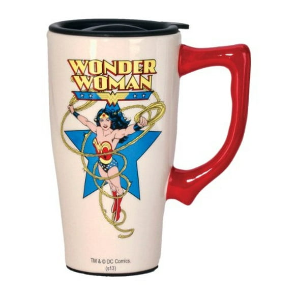 Taza de viaje Spoontiques Wonder Woman de cerámica blanca