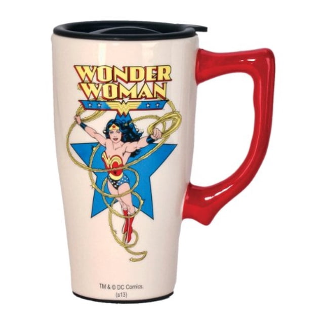 Taza de viaje Spoontiques Wonder Woman de cerámica blanca