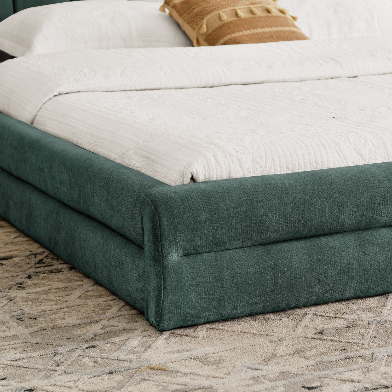 Lisonu King Size Grounded Bed Frame, Modern Upholstered Low Profile Platform, Soft Chenille Fabric with Padded Headboard, Blue & Green Finish