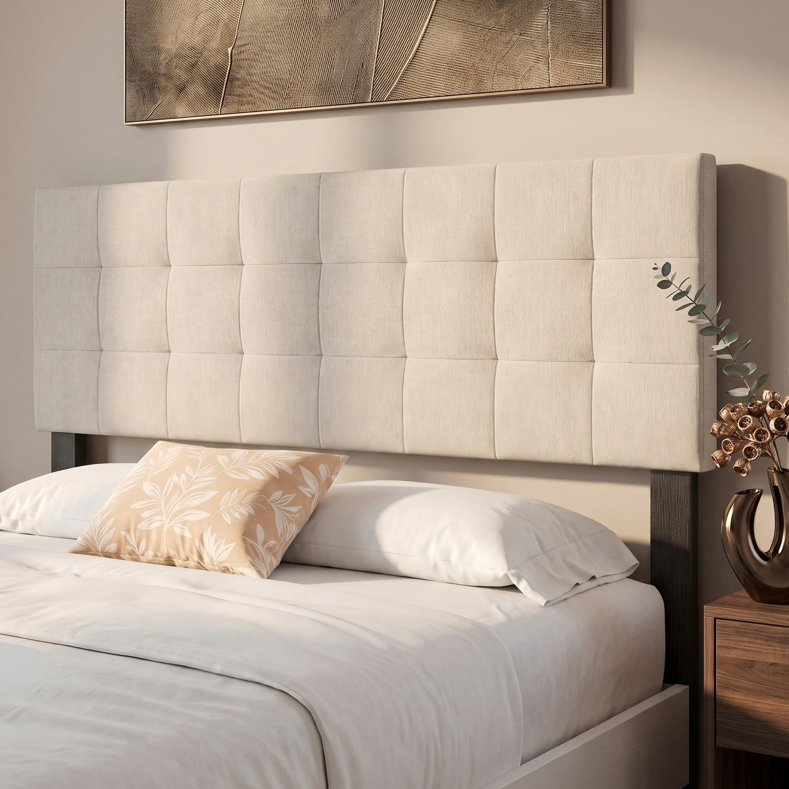 Furnibear Upholstered Headboard for Full and Queen Beds, Quilted Grid Linen Bed Frame Headboard with Adjustable Legs, Fits Queen Bed Frame, Beige