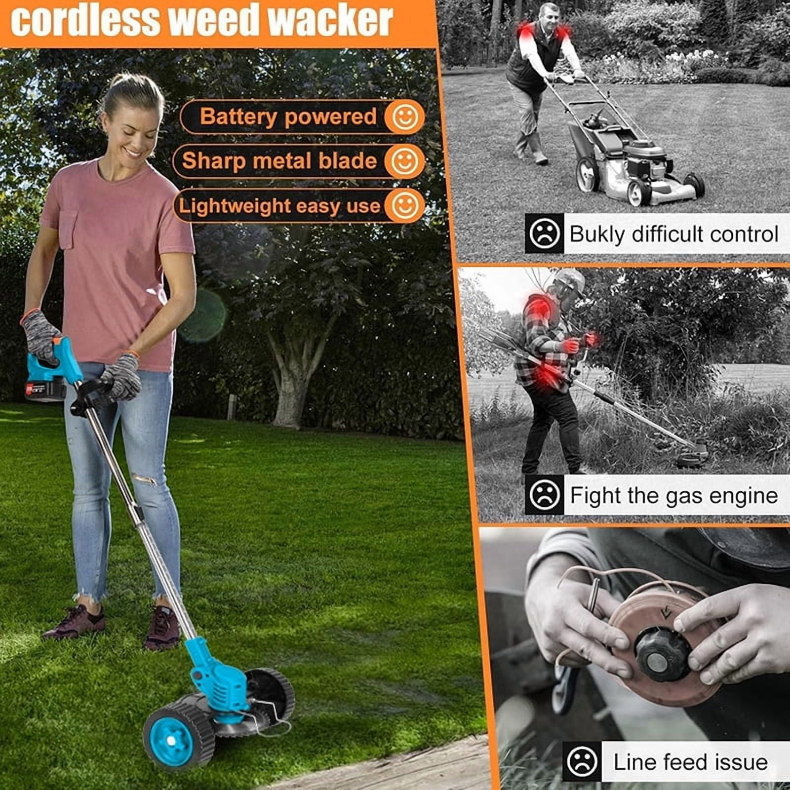 Weed Wacker Cordless Adjustable Weed Eaters wheel mower3 in 1 Electric String Trimmer Lawn with Two Battery with Charger Comes with Multiple Blades for Yard,Green,Garden gifts for Dad