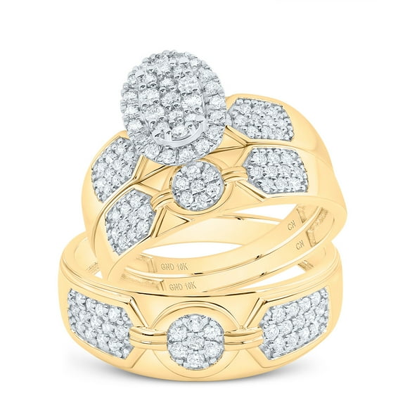 10K Yellow Gold Round Cut Diamond Men's Wedding Band & Women's Bridal Set Tiered Oval Halo Geometric Matching Trio Set 3/4 Ct.