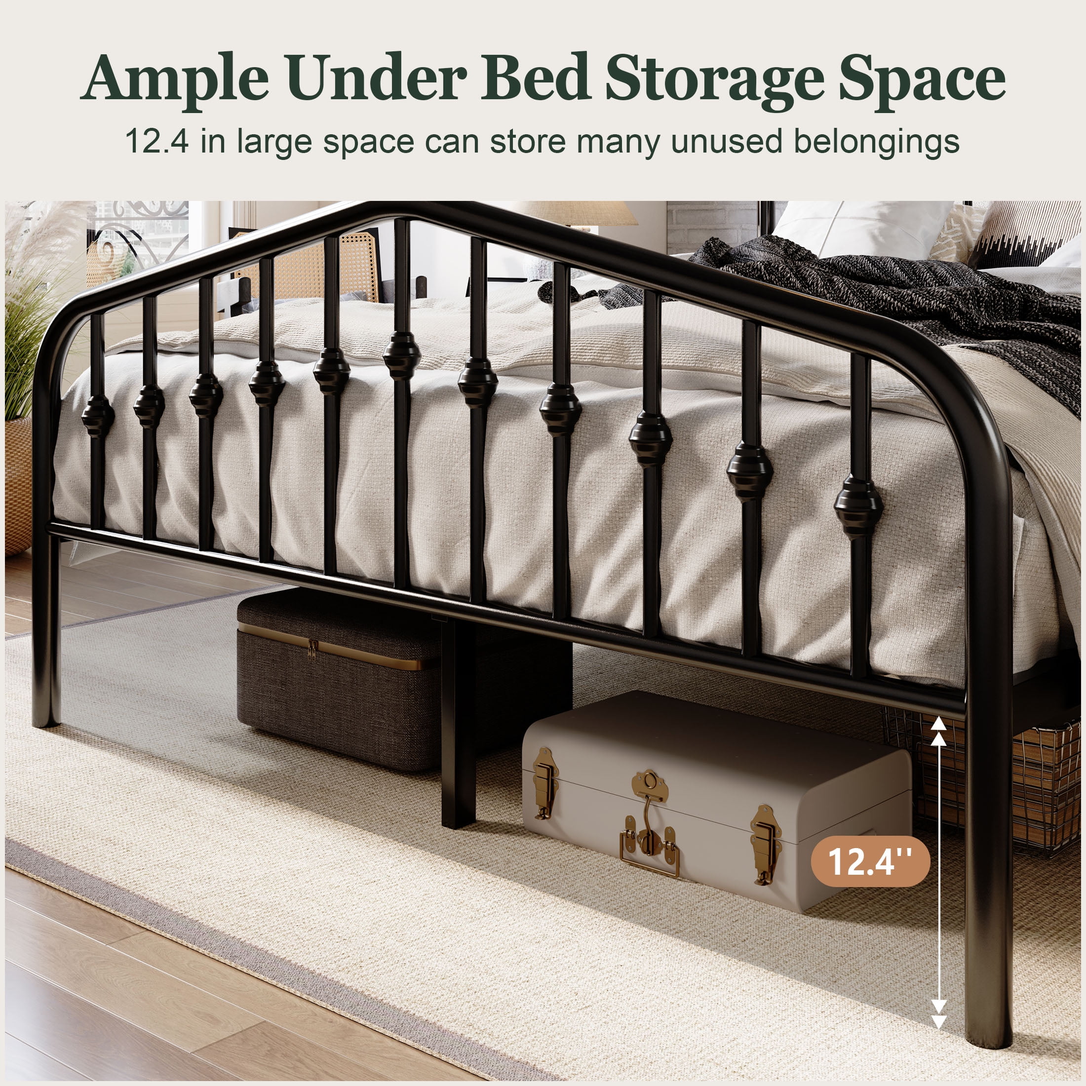 Amolife Queen Size Metal Platform Bed Frame with Victorian Vintage Headboard & Footboard, Black