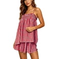thumbnail image 6 of Women Striped Pajama Set Ruffle Hem Spaghetti Strap Cami Top Wide Leg Shorts Set 2 Piece Pj Outfits Wine L(L), 6 of 8