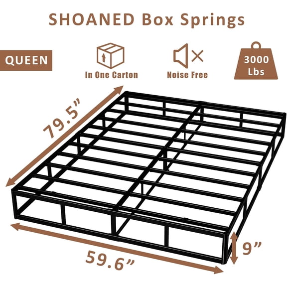 Metal Box Spring Queen Size - 9 Inch High  Heavy Duty Black Bed Base Non Slip Mattress Foundation Box Springs for Queen Bed, Easy Assembly, No Noise