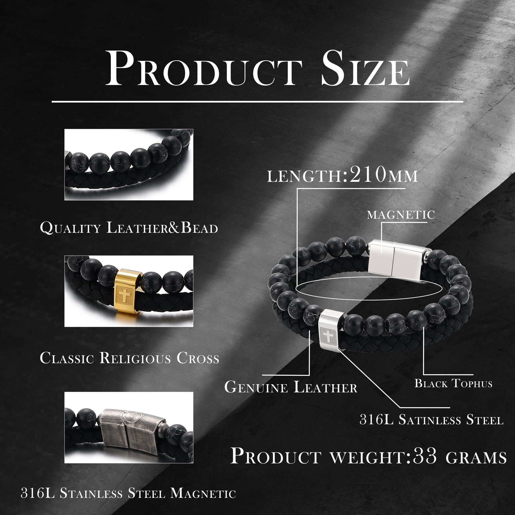 Raymard Mens Christian Cross Braided Leather Bracelet,Black