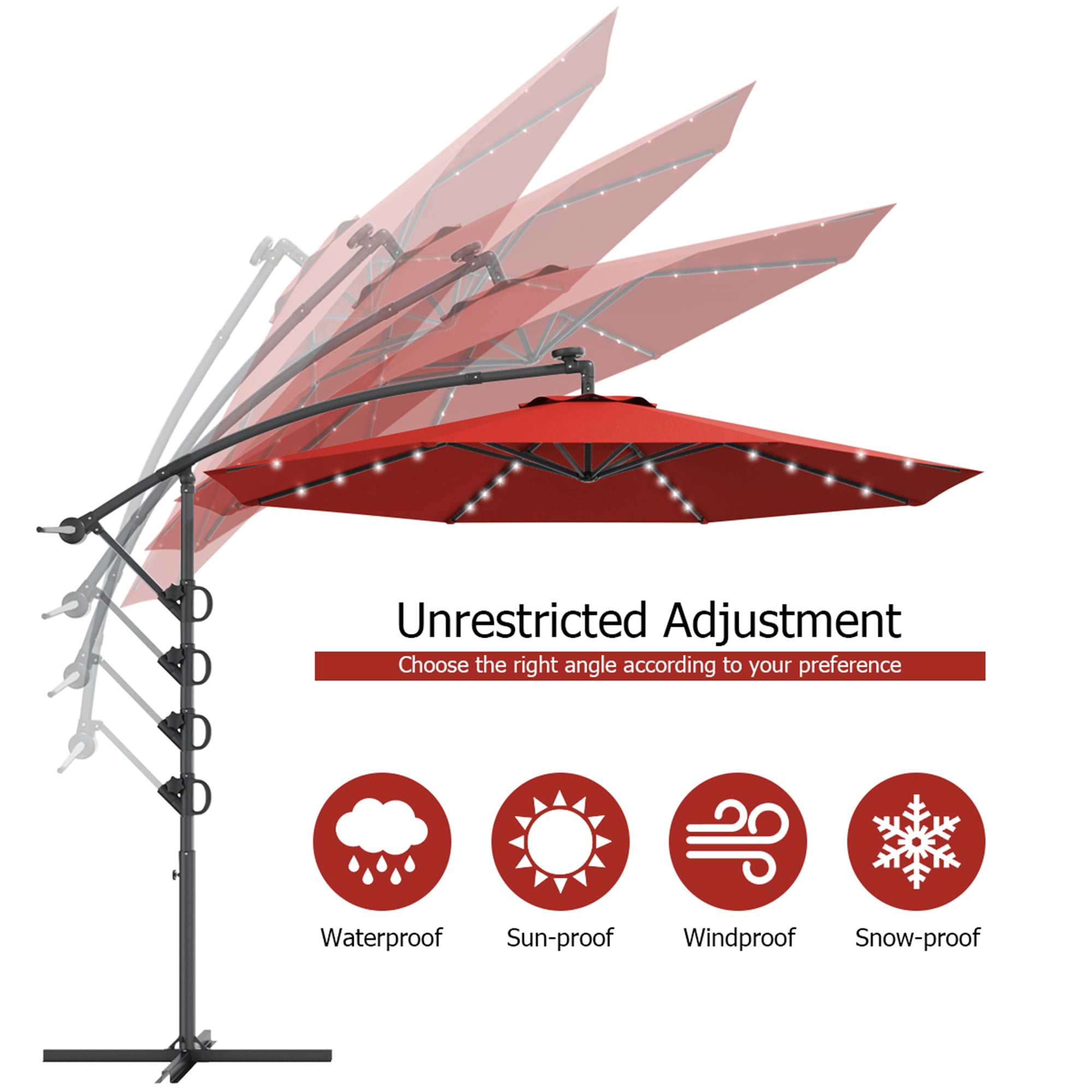 Gymax 10Ft Offset Hanging Umbrella Patio Outdoor w/ 32 Solar LED Lights Burgundy