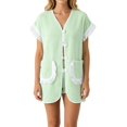 thumbnail image 2 of Womens 2 Piece Set Fringed Trim Short Sleeve Vneck Button Up Top Shorts Lounge Set with Pockets Blue L, 2 of 7
