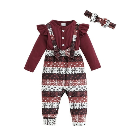 

Bagilaanoe 3Pcs Newborn Baby Girl Christmas Outfits Long Sleeve Ruffle Romper Tops + Plaid Suspender Pants + Headband 3M 6M 9M 12M 18M Infant Casual Overalls Set