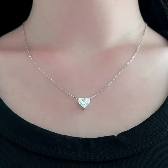 Women's 14k White Gold Plated 3Ct Heart Cut Moissanite Pretty Pendant Necklace 18"