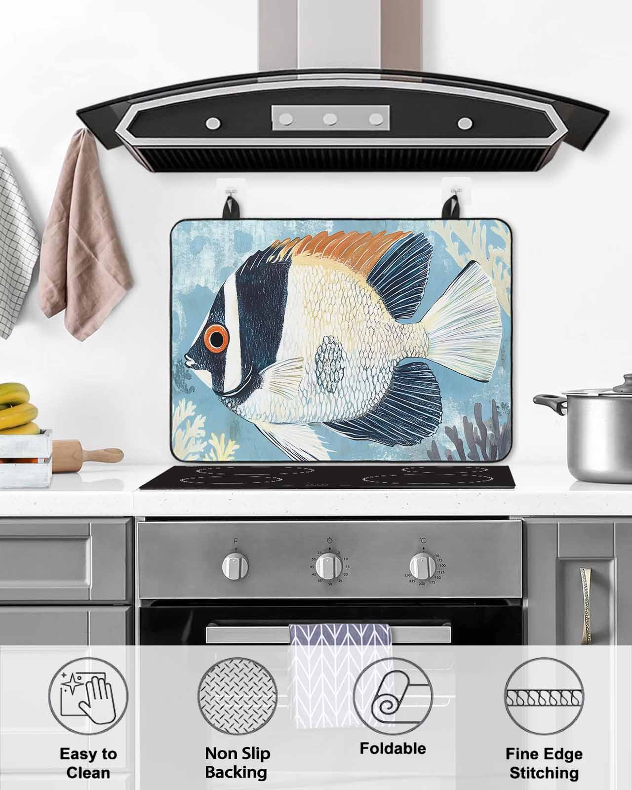 nqOlkjepod Large Induction Cooktop Protector Mat 24"x21", Summer Coastal Stove Top Covers for Electric Stove, Vintage Ocean Watercolor Fish Coral Stove Burner Cover Mats, Glass Top Stove Cover