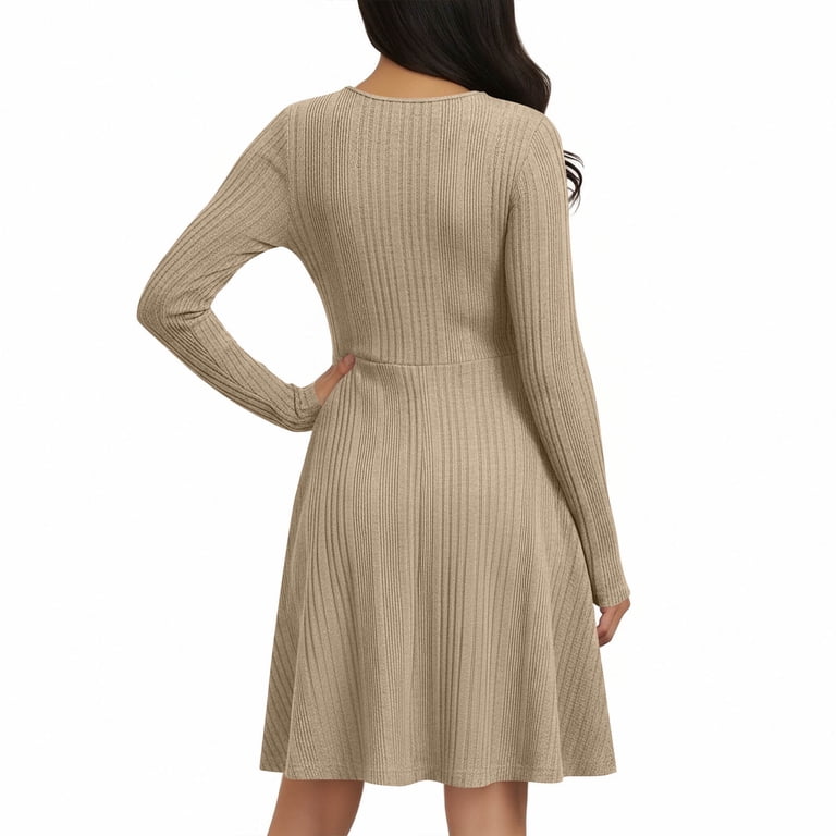 Womens Long Sleeve Ribbed Knit Dress, A-Line Casual Mini Dress with Scoop  Neck, Stretchy Everyday Khaki Dress,Size S - Walmart.com