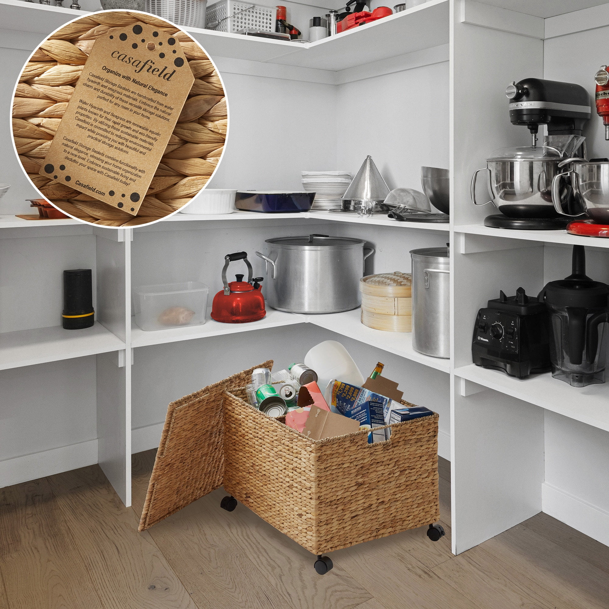 Casafield Rolling Storage Basket Cart with Lid and Wheels, Natural - Woven Water Hyacinth Divided Sorting Bin for Kitchen, Pantry, Laundry, Garage