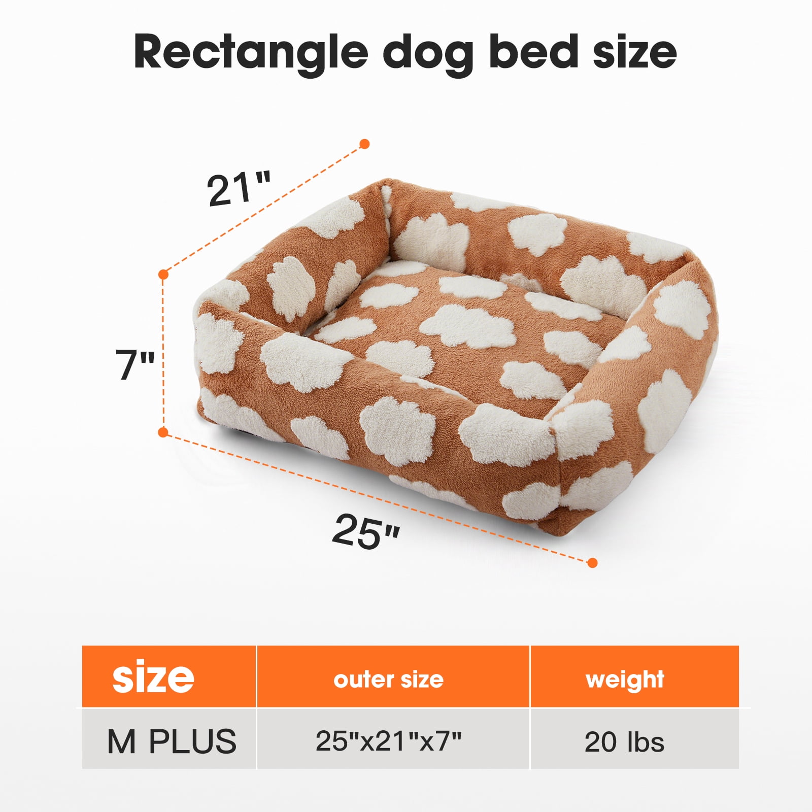 Cute Dog Bed for Medium Dogs, Cozy Rectangle Orthopedic Sofa , Washable Pet Beds with Jacquard Shaggy Plush and Anti Slip Bottom, Brown, 25"x21"x7"