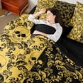 thumbnail image 4 of jejeloiu Spooky Skull 7pcs Queen Bedding,Victorian Damask Flower Bedding Comforter Set Queen For Adults,Gold Black,Black Reversible, 4 of 7