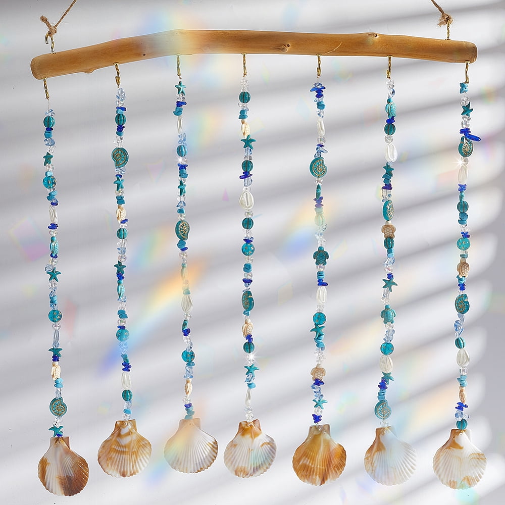 Wind Chime Kit Ocean Wind Chimes Driftwood Decorative Branches Summer Hawaii Shell Seashell Charms Glass Acrylic Gemstone Beads Windchime