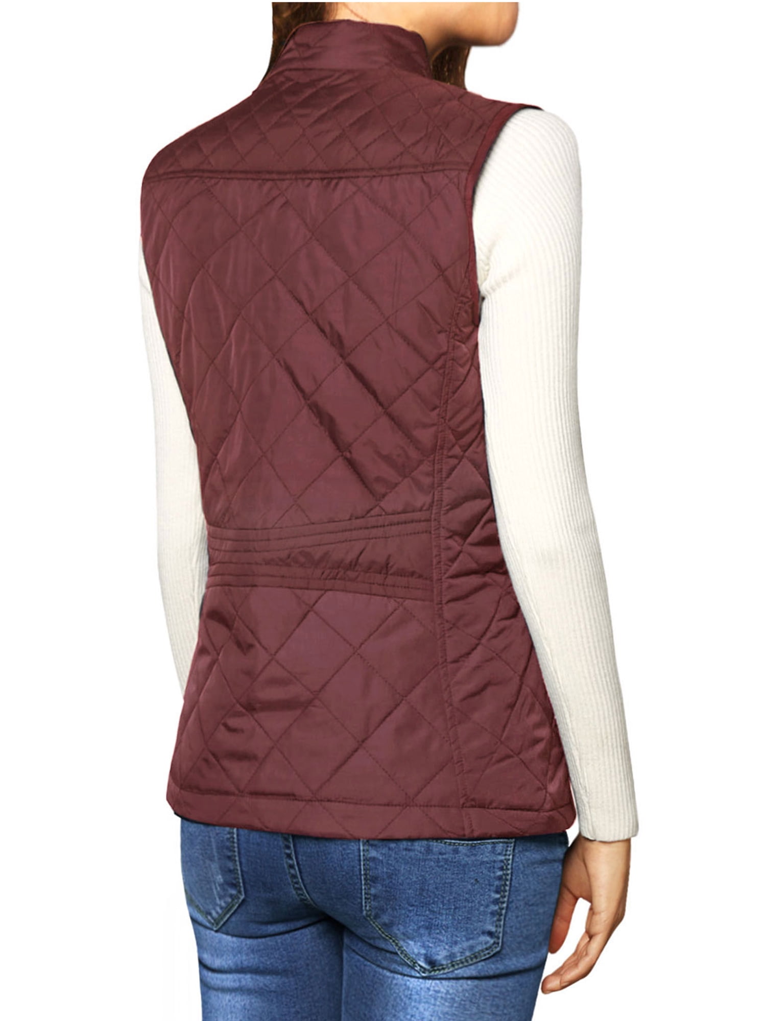 DARING DIVA Women's Zip Stand Collar Quilted Padded Vest XS Wine Red