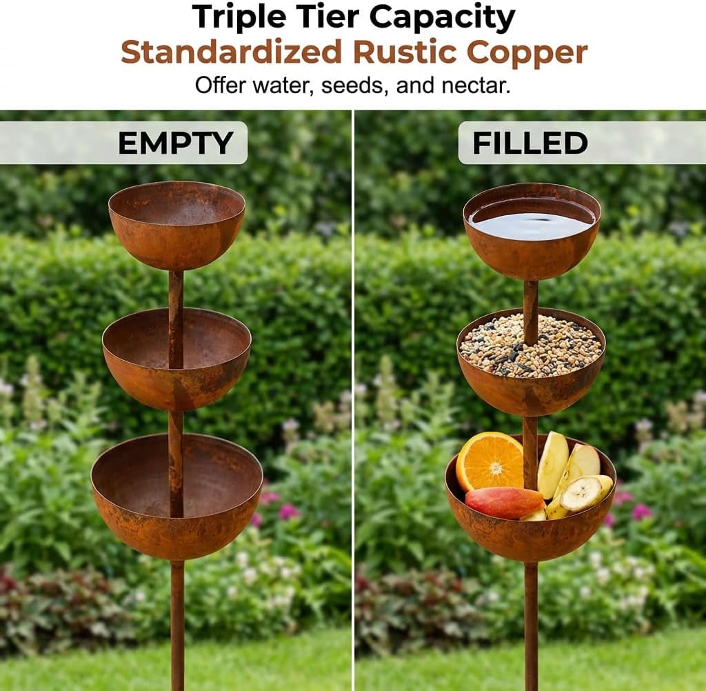 Decorative Rain Catcher Garden Stake, 3-Tiered Metal Water Bowls Bird Bath and Butterfly Feeder for Outdoor Yard Art Landscape Decoration (1 Piece, Rust)