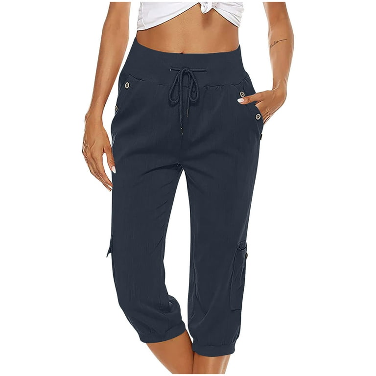 JWZUY Women's Plus Size Drawstring Cargo Capri Pant Lightweight Cotton  Linen Cropped Jogger Pants Summer Pants with Pocket 1-Navy Small