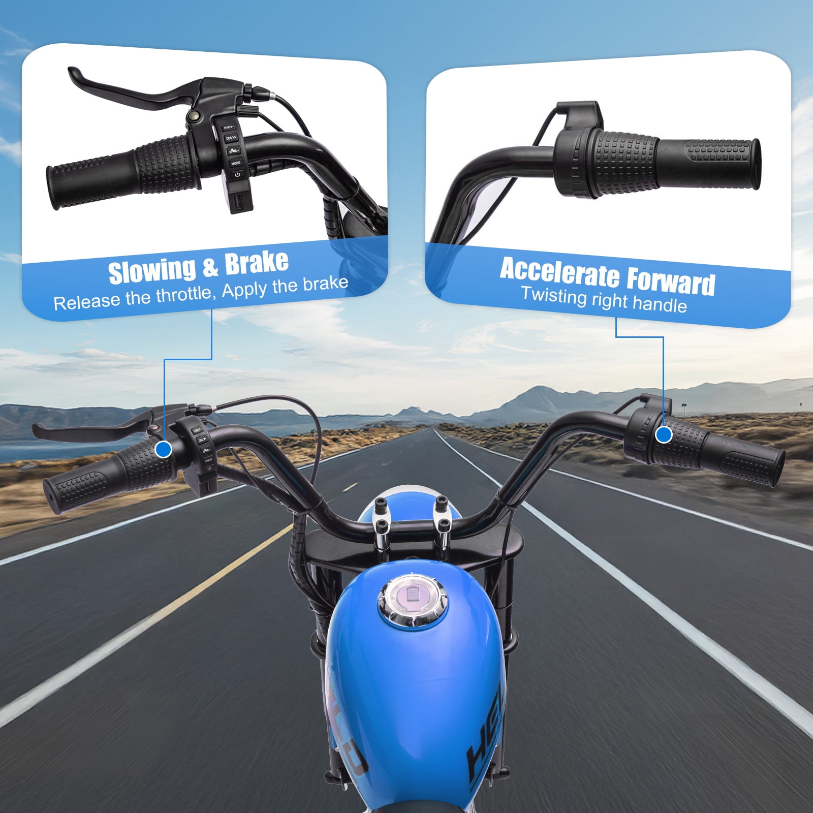MUKIDY 24V Electric Motorcycle for Kids, 250W Ride on Motorcycle with Twist Grip Throttle, Key Start, Music, Speed up to 12.4 mph, Age 8+, Blue