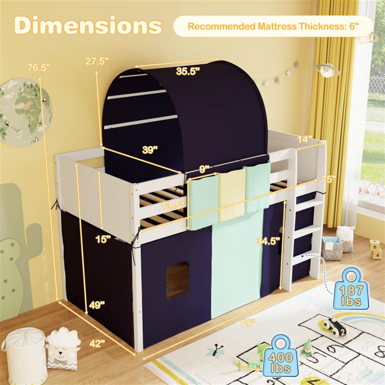 Demi Bonn Loft Bed Twin Size, Solid Wood Low Loft Bed with Tower Tent and 3 Storage Pockets, Modern Wooden Bed Frame, Blue